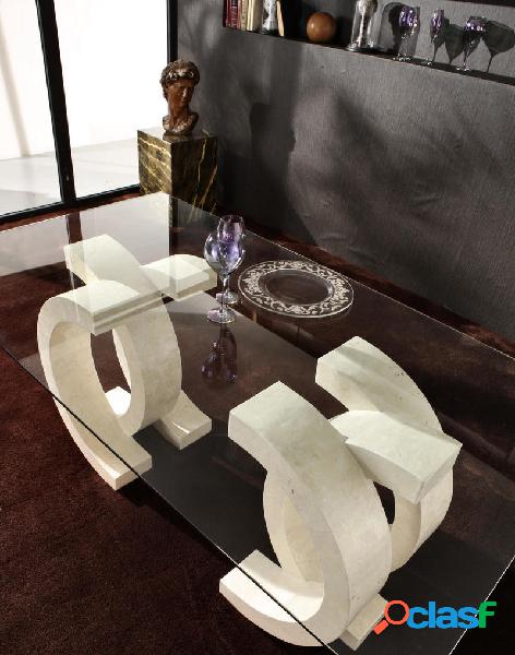 Tavolo moderno da salotto base in pietra fossile e piano in