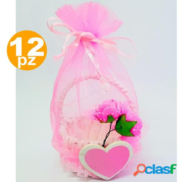 Trade Shop - Bomboniera Cestino Rosa Cuore Sacchetto Organza