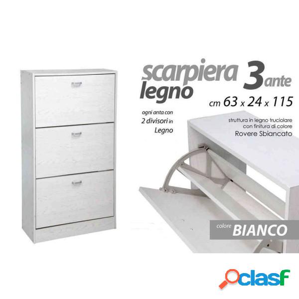 Trade Shop - Scarpiera Legno 3 Ante Bianco Legno 63 X 24 X
