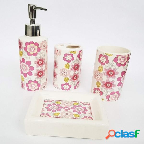 Trade Shop - Set 4pz Bagno Fiori Rosa Floreale Ceramica