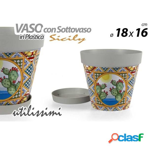 Trade Shop - Vaso Con Sottovaso In Plastica Sicily 18x16 Cm