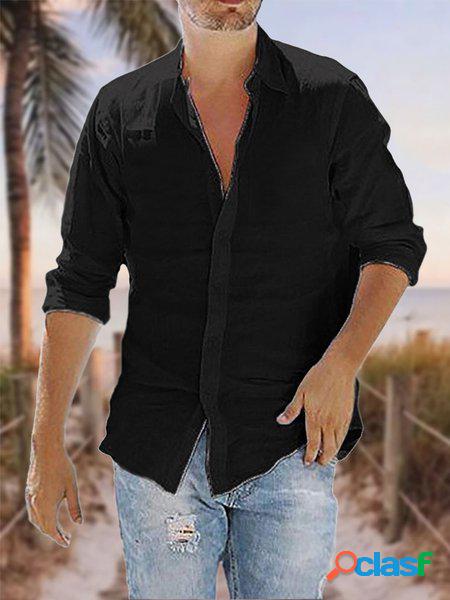 Uomo Cotone Lino Stile Risvolto Maniche Lunghe Camicia