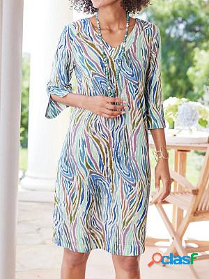 V Neck Half Sleeves Printed Casual Midi Dress