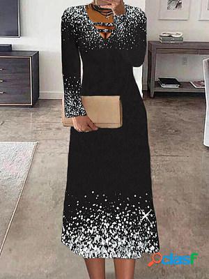 V-Neck Long Sleeve Printed Black Dress