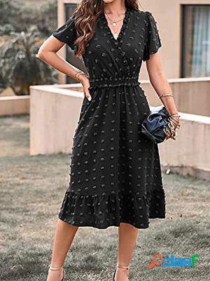 V Neck Polka Dot Pleated Bohemian Short Sleeve Skater