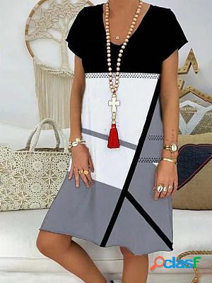 V Neck Short Sleeves Color-block Midi Dress