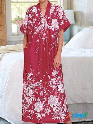 V Neck Short Sleeves Loose Floral Printed Maxi Dress