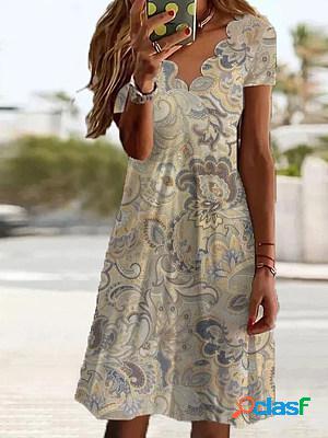 V Neck Short Sleeves Printed Casual Short Dress