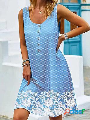 V Neck Sleeveless Printed Casual Midi Dress