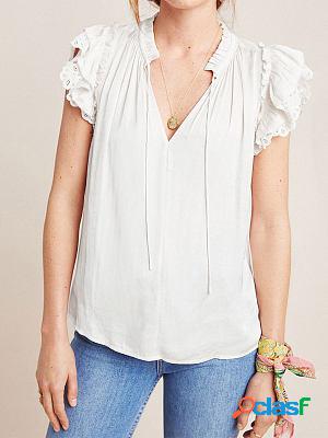 V Neck Tie Ruffle Lace Sleeves Casual Fashion Short Sleeve