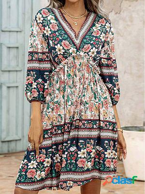 V-neck Asual Loose Floral Print Long Sleeve Short Dress