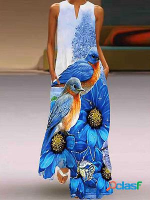 V-neck Casual Flower And Bird Print Vacation Sleeveless Maxi