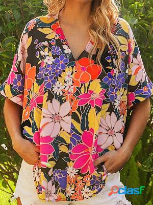 V-neck Casual Loose Beach Floral Print Short-sleeved Blouse
