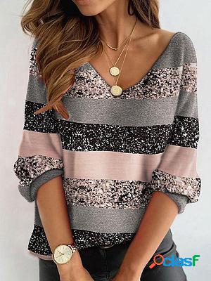 V-neck Casual Loose Bronzing Stripe Print Long-sleeved