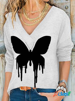 V-neck Casual Loose Butterfly Print Long Sleeve T-shirt