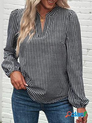 V-neck Casual Loose Check Print Long Sleeve Blouse