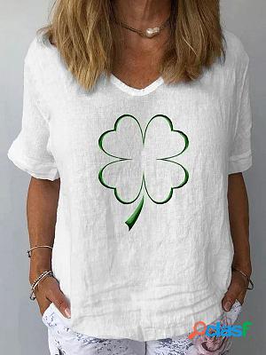 V-neck Casual Loose Clover Print Short-sleeved Blouse