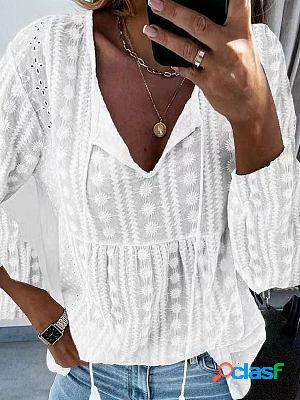 V-neck Casual Loose Embroidered Long-sleeved Blouse