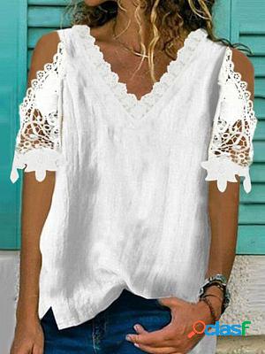 V-neck Casual Loose Embroidery Hollow Short-sleeved Blouse