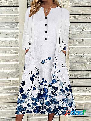 V-neck Casual Loose Floral Print Long Sleeve Midi Dress