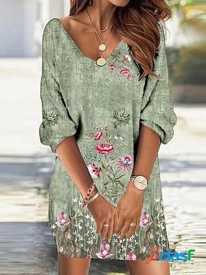 V-neck Casual Loose Floral Print Long Sleeve Short Dress