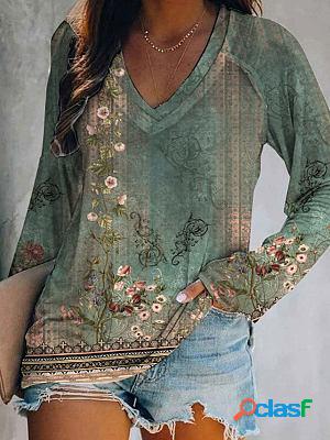 V-neck Casual Loose Floral Print Long Sleeve T-shirt