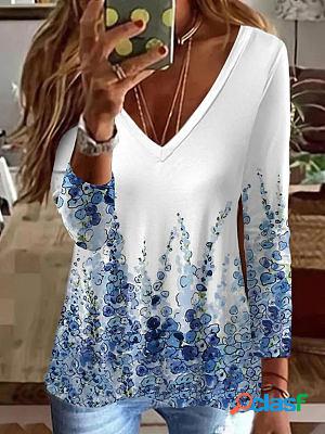 V-neck Casual Loose Floral Print Long Sleeve T-shirt