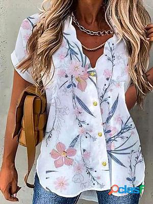 V-neck Casual Loose Floral Print Short Sleeve Blouse