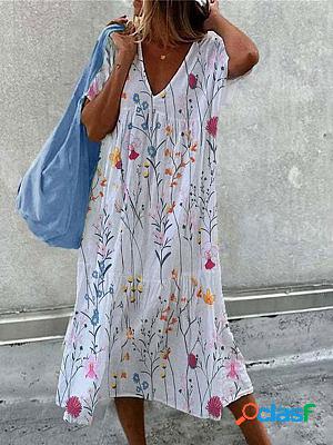 V-neck Casual Loose Floral Print Short Sleeve Dress Midi