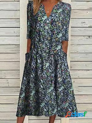 V-neck Casual Loose Floral Print Short Sleeve Midi Dress