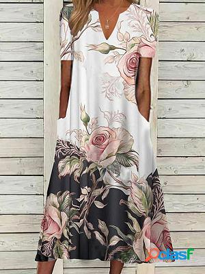 V-neck Casual Loose Floral Print Short Sleeve Midi Dress