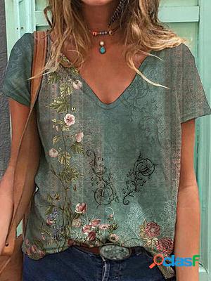 V-neck Casual Loose Floral Print Short Sleeve T-shirt