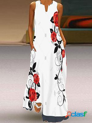 V-neck Casual Loose Floral Print Sleeveless Maxi Dress