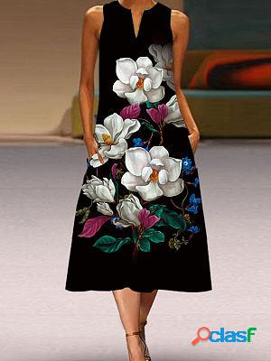 V-neck Casual Loose Floral Print Sleeveless Midi Dress