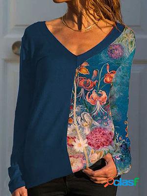 V-neck Casual Loose Floral Print Stitching Long-sleeved