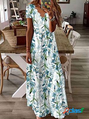 V-neck Casual Loose Floral Print Vacation Short Sleeve Maxi