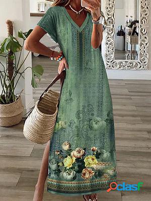 V-neck Casual Loose Floral Print Vacation Short Sleeve Midi