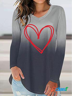 V-neck Casual Loose Heart Print Long-sleeved T-shirt