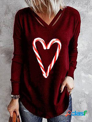 V-neck Casual Loose Heart Print Long-sleeved T-shirt