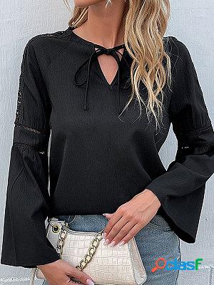 V-neck Casual Loose Lace Stitching Long-sleeved Blouse