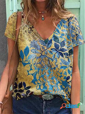 V-neck Casual Loose Leaf Print Short-sleeved T-shirt