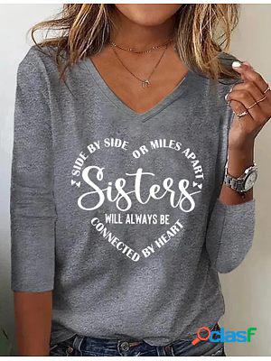 V-neck Casual Loose Letter Print Long-sleeved T-shirt