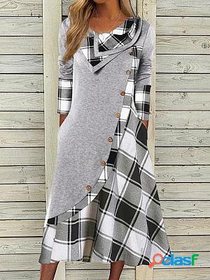 V-neck Casual Loose Plaid Panel Long Sleeve Midi Dress