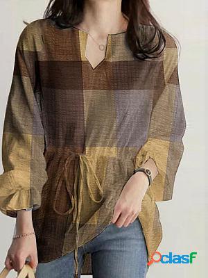 V-neck Casual Loose Plaid Print Long-sleeved Blouse