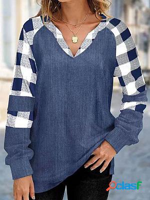 V-neck Casual Loose Plaid Stitching Long-sleeved T-shirt