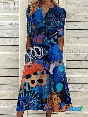 V-neck Casual Loose Print Holiday Short Sleeve Midi Dress