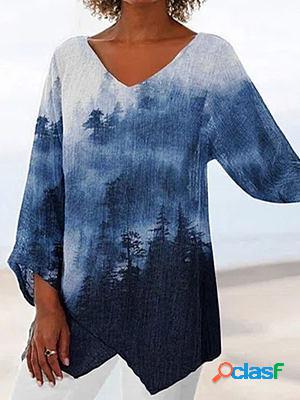 V-neck Casual Loose Printed Long-sleeved Blouse