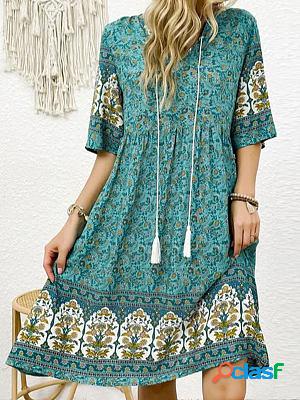 V-neck Casual Loose Retro Ethnic Print Short-sleeved Short