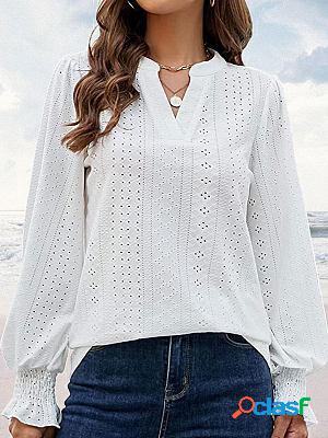 V-neck Casual Loose Solid Color Hollow Long-sleeved Blouse