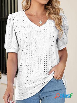 V-neck Casual Loose Solid Color Hollow Short-sleeved Blouse